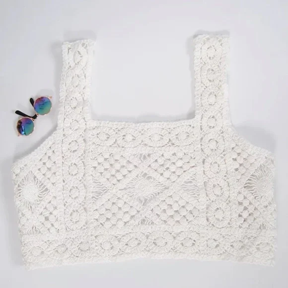 CLEARANCE White Bohemian Crochet Cropped Summer Boho Casual Tank Top - Picture 5 of 7